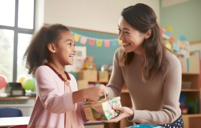 smiling woman handing a gift to a young girl in a classroom