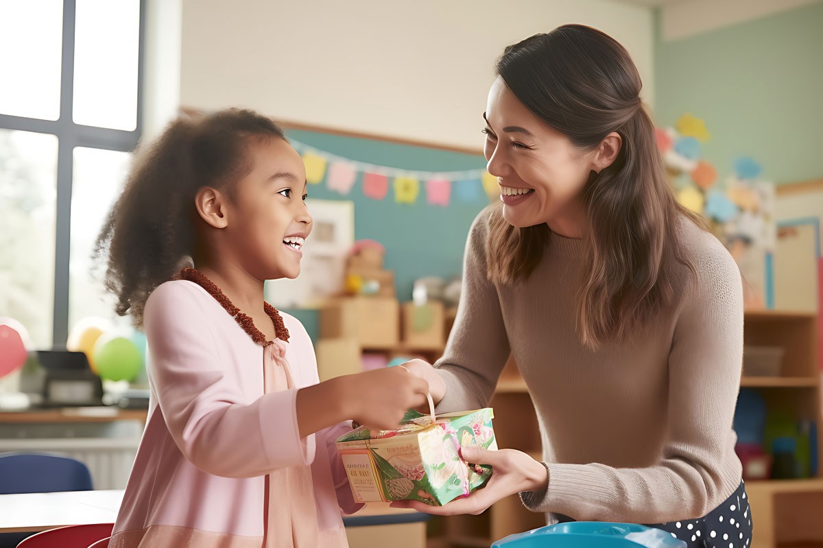 smiling woman handing a gift to a young girl in a classroom